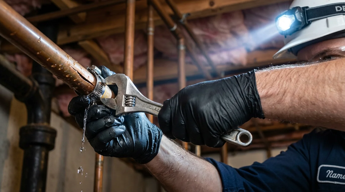 Emergency pipe clamp repair being performed by a Johns Plumbing LLC plumber in Wilmington