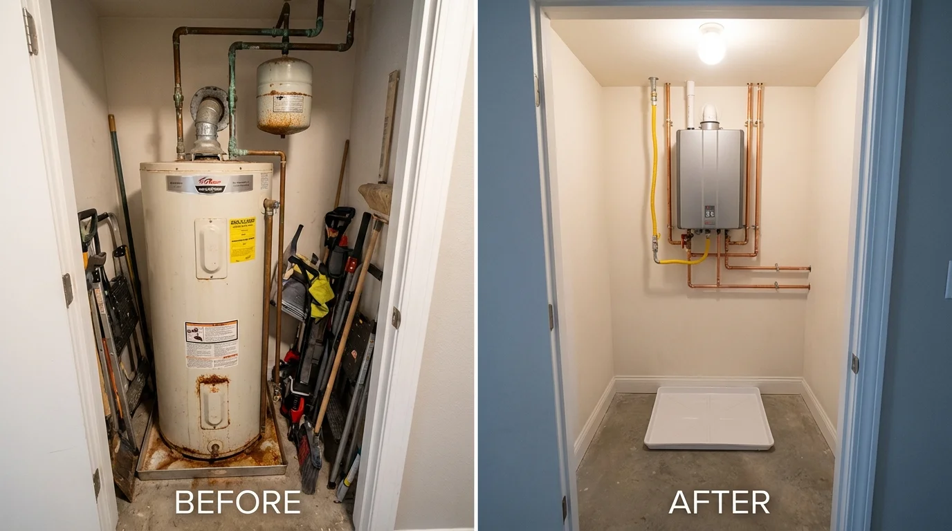 Tank water heater versus wall-mounted tankless unit comparison for Wilmington, NC homeowners