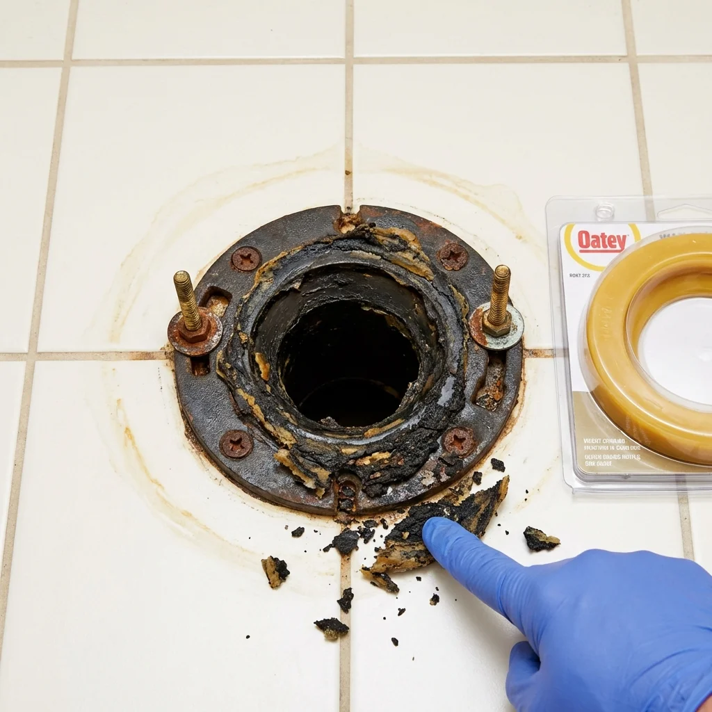 Failed wax ring showing water seepage at the base of a toilet in a Wilmington, NC home