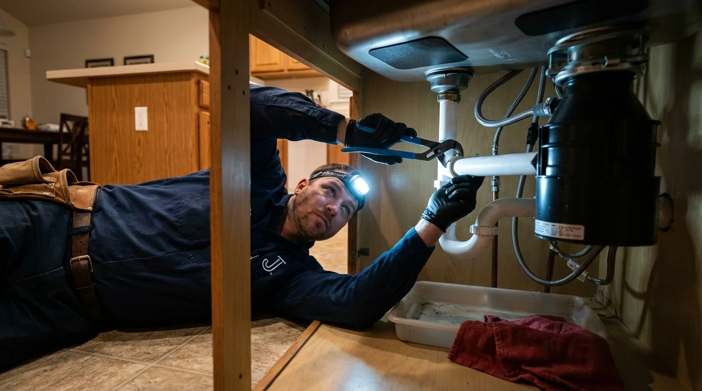 P-trap and supply line connections under a kitchen sink showing a common leak point in Wilmington, NC